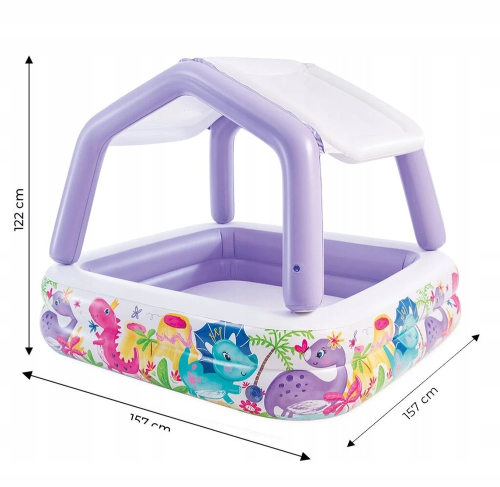 Pripučiamas baseinas su stogeliu vaikams, violetinis dino