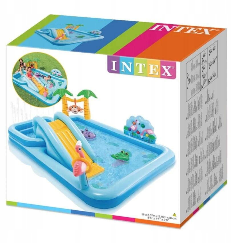 Pripučiamas stačiakampis baseinas Intex 244 x 198 cm ŽAIDIMŲ AIKŠTELĖ SU FONTANU IR ČIUOŽYKLA