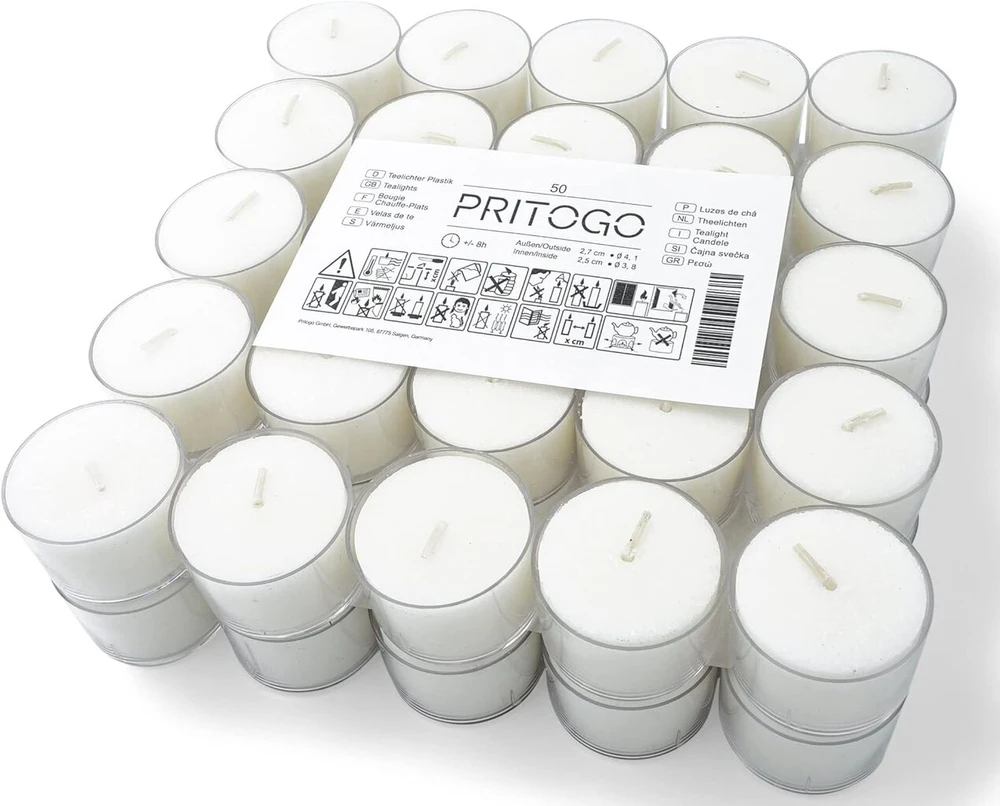 Pritogo arbatinės žvakutės su plastikiniu korpusu, baltos, 100 vnt., skersmuo 3,8 x 2,5 cm, be suodžių, degimo trukmė: 9 valandos