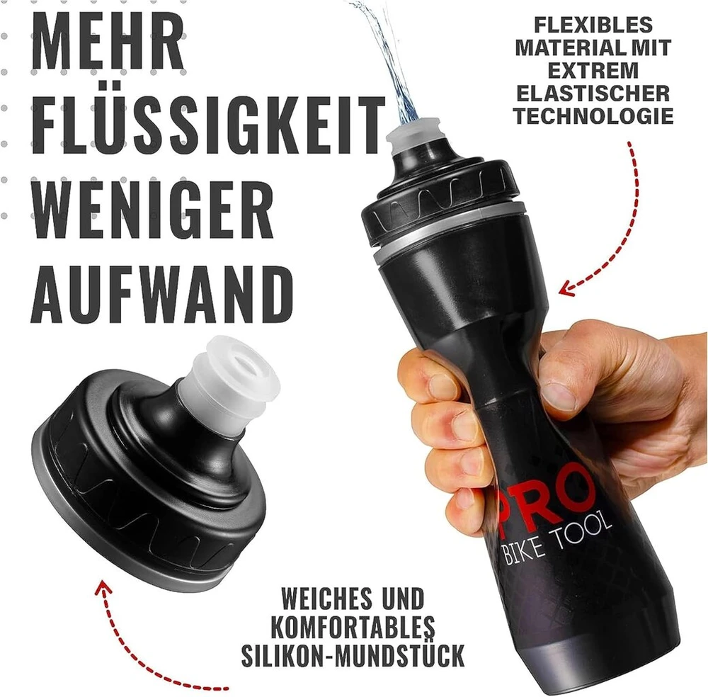 Pro Bike Tool izoliuotas dviračio gertuvė, 680 ml, sportinis dirželis, skirta dviračių sportui ir fitnesui, ilgiau išlaiko gėrimus šaltus, minkštas silikoninis kandiklis, be Bpa, juoda