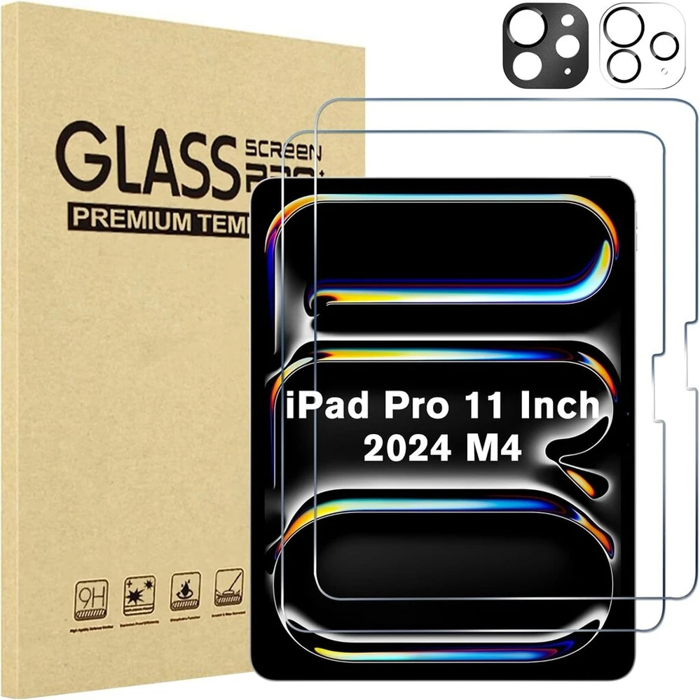 Procase 2 vnt. grūdinto stiklo apsauga, skirta 11 colių Ipad Pro (m4) 2024 su kameros apsauga, 9h ekrano apsauga - juoda/skaidri
