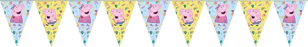 Procos 91104 Peppa Pig vėliavėlių girlianda, ilgis 230 cm, vėliavėlės dydis apie 17,5 x 25,5 cm, plastikinė girlianda, Peppa Pig vakarėlio dekoracija