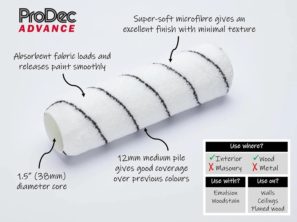Prodec Advance 225 mm x 38 mm profesionalus amatininkų klasės vidutinio plauko austas mikropluošto dažų volelis, skirtas lygiai apdailai dažant emulsinius dažus ant vidaus sienų ir lubų