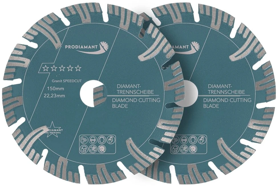 Prodiamant profesionalus deimantinis pjovimo diskas granitui Super Speed Cut Double Pack 150 mm x 22.2 mm su apsauginiais segmentais sienų griovelių frezoms