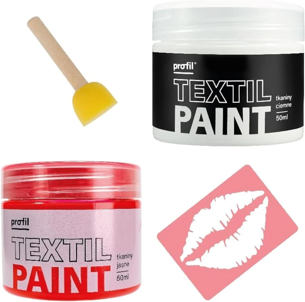 Profil - „pasidaryk pats“ kūrybinis „kiss Hoodie Trend“ rinkinys pagal „tiktok“ – akriliniai dažai tekstilei – audinių dažai 2 x 50 ml + kempinės šepetėlis + bučinių piešimo trafaretas – dovana jai jam – „pasidaryk pats“
