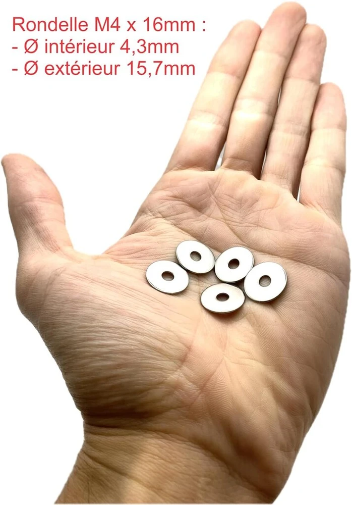 Proraje metalinės poveržlės M4 nerūdijantis plienas išorinis skersmuo 16mm | plokščia poveržlė itin plati M4 x 16mm | nerūdijantis plienas A2 (v2a/304) standartas Nfe 25513 Ll | medienai/metalui/veržlėms/varžtams