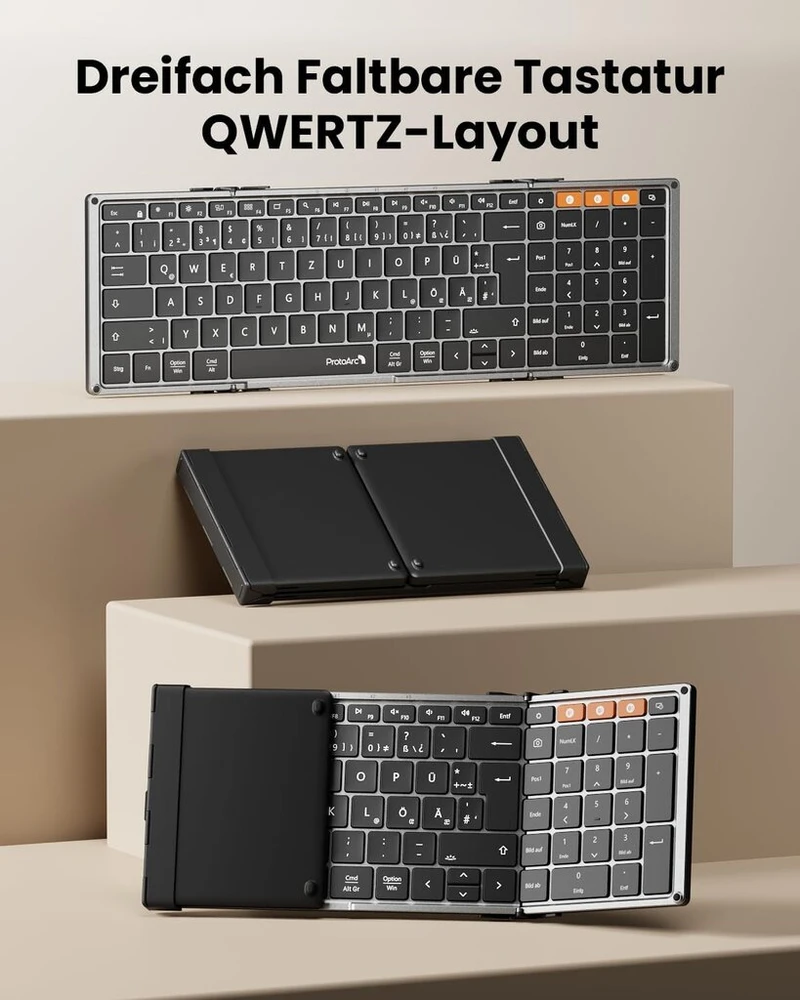 Protoarc Xk01 Plus Bluetooth Qwertz sulankstoma klaviatūra su skaičių klaviatūra su 3 kanalais, skirta Ipad Ios Android Windows nešiojamam kompiuteriui Pc - juoda