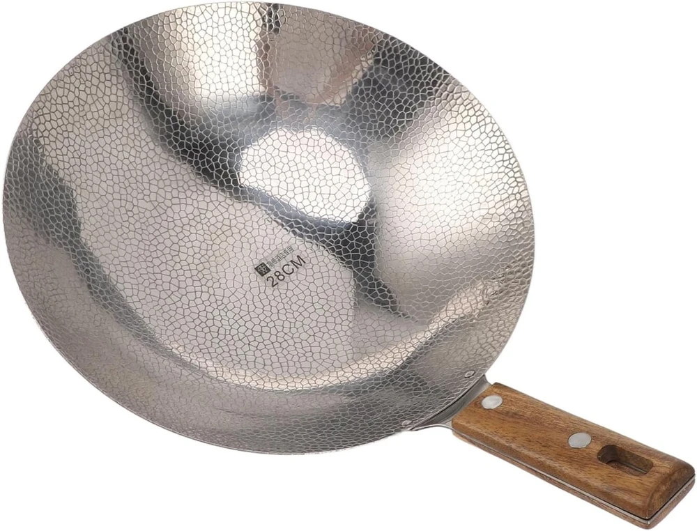 Pssopp keptuvė wok su nelimpančia danga, nerūdijančio plieno gili wok keptuvė su indukciniu pagrindu, keptuvė su medine rankena, neindukcinė medinė rankena, keptuvė plokščiu dugnu elektrinėms viryklėms