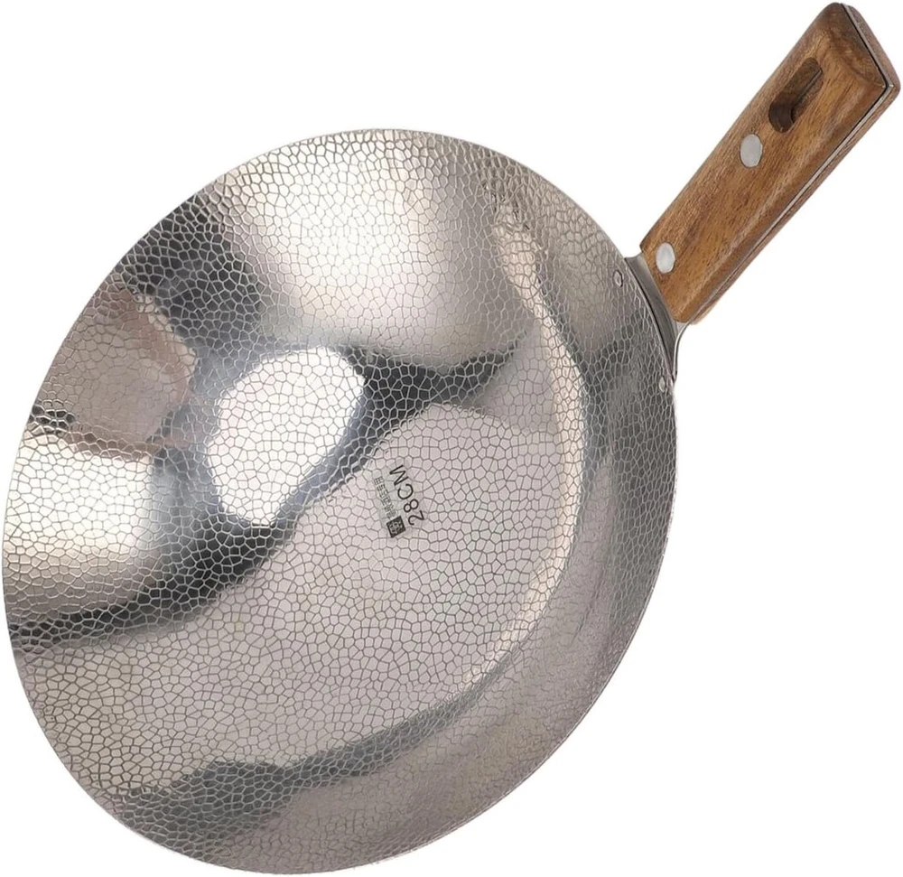 Pssopp keptuvė wok su nelimpančia danga, nerūdijančio plieno gili wok keptuvė su indukciniu pagrindu, keptuvė su medine rankena, neindukcinė medinė rankena, keptuvė plokščiu dugnu elektrinėms viryklėms