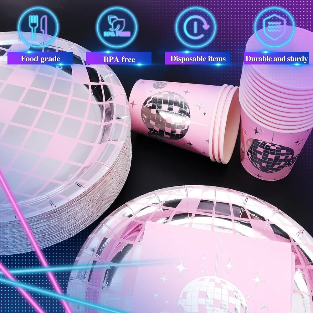 Pufier disco party lėkštės ir popierinės lėkštės disco party vienkartinių indų rinkinys dekoracijos disco vestuvių vakarėliams iškyloms ekskursijoms 100 vnt. rožinės