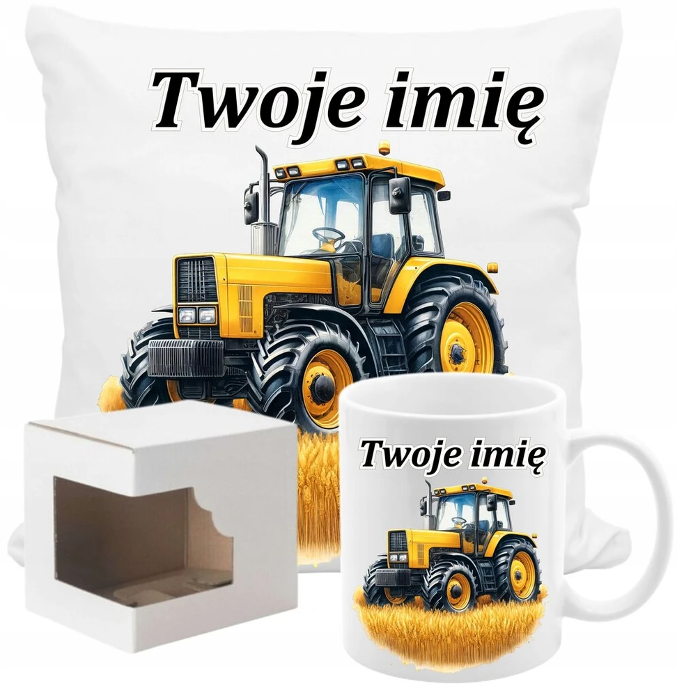 Puodelis, padėkliukas ir traktoriai, traktorius, ūkininkavimas + bet koks vardas