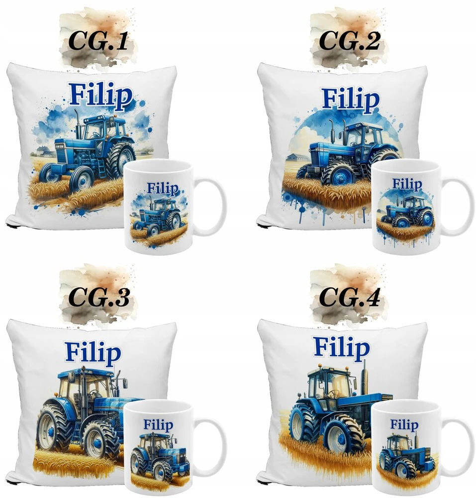 Puodelis, padėkliukas ir traktoriai, traktorius, ūkininkavimas + bet koks vardas