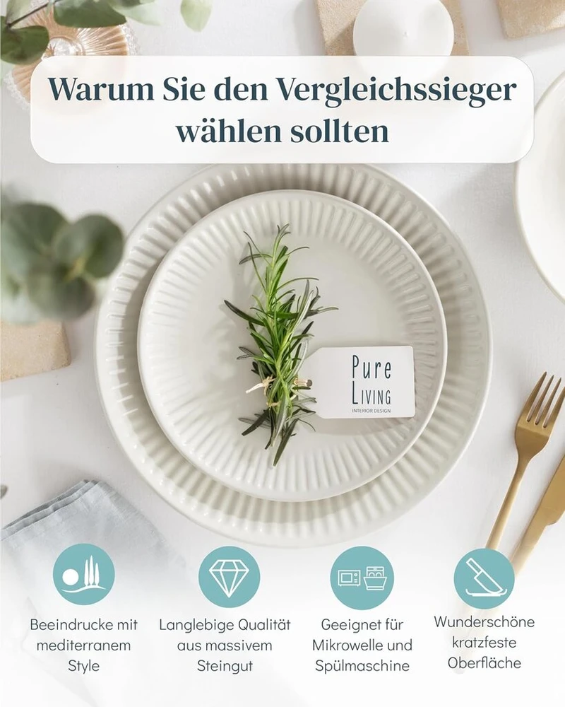 Pure Living Interior Design Hygge serijos 6 didelės akmens masės lėkštės - valgomojo lėkštės, tinkamos plauti indaplovėje, naudoti mikrobangų krosnelėje, atsparios įbrėžimams - indų rinkinys 6 asmenims, valgomojo lėkštės - elegantiški grioveliai induose