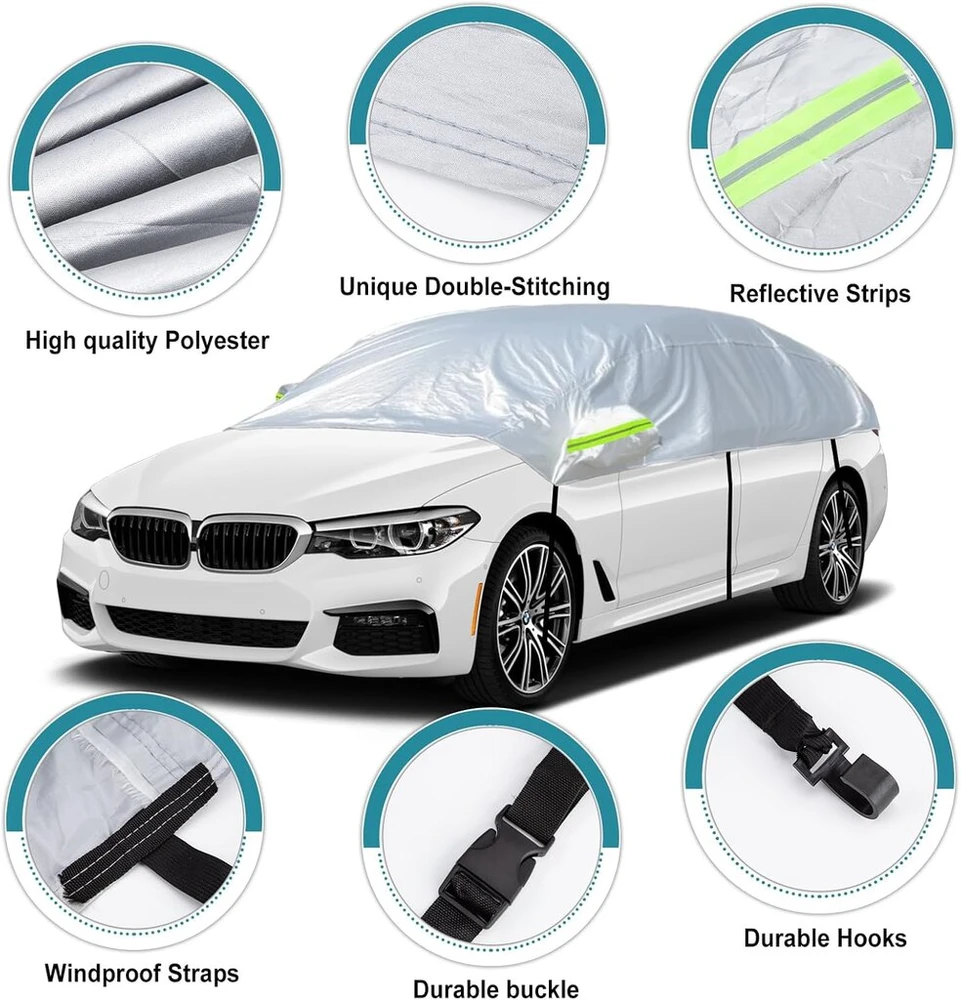 Pusiau automobilio uždangalas, universalus pusiau automobilio uždangalas, apsauga nuo visų oro sąlygų su kabliukais ir dirželiais, atsparus vandeniui, dulkėms, apsauga nuo saulės, atsparus oro sąlygoms sedanams ir visureigiams