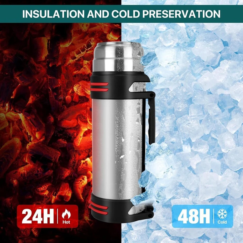 Pzjfh Termosas 2.5 L, nerūdijančio plieno, šaltas/šiltas, be Bpa izoliuotas butelis su 2 geriamaisiais puodeliais, dvigubų sienelių izoliacinis termosas su petnešėle ir rankena sportui, fitnesui
