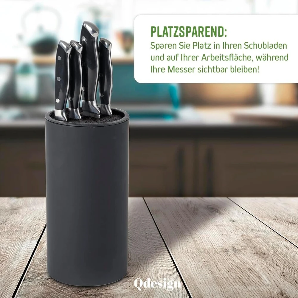 Qdesign universalus peilių blokas - pp plastiko blokas su švelnia danga - cilindrinis laikiklis - optimalus laikymas - ašmenų apsauga - juodas