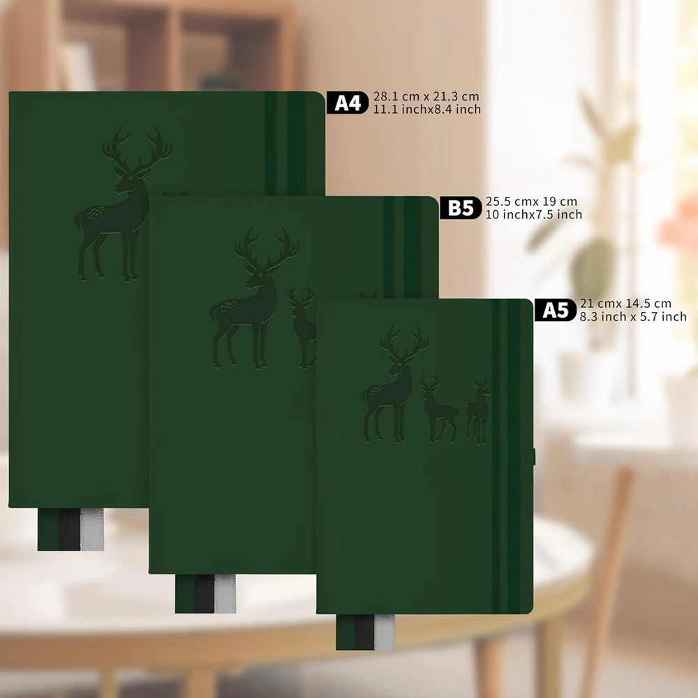 Qefuna A4 formato sąsiuvinis su linijomis, A4 formato storas užrašų knygelė, 360 puslapių, kietu viršeliu odinis sąsiuvinis, 100 gsm popierius su linijomis moterims, vyrams, biurui, mokyklos dienoraštis, 21,3 x 28,1 cm, žalias