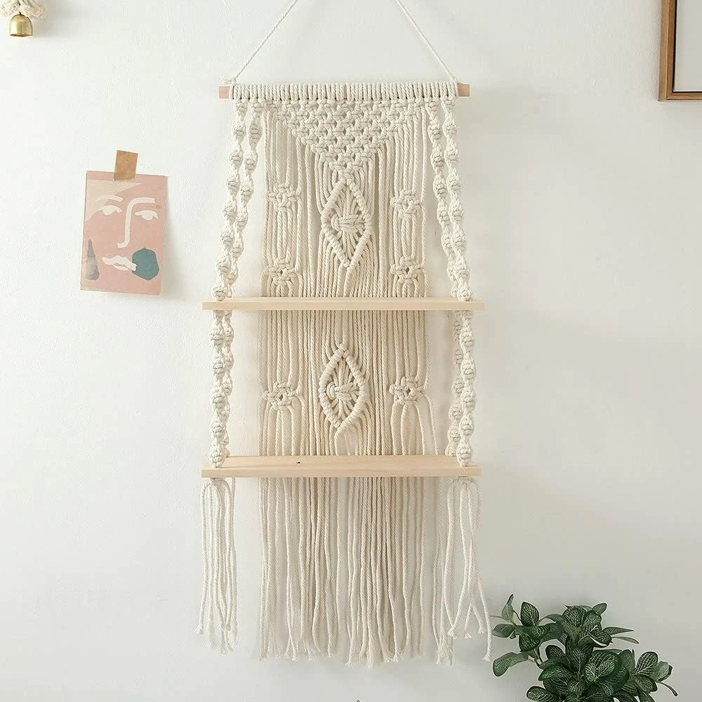 Qeunrtiy rankų darbo kutai macrame sieninė lentyna, boho medvilninė virvė, austas gobelenas, augalų pakaba, plaukiojanti namų kambario dekoracija