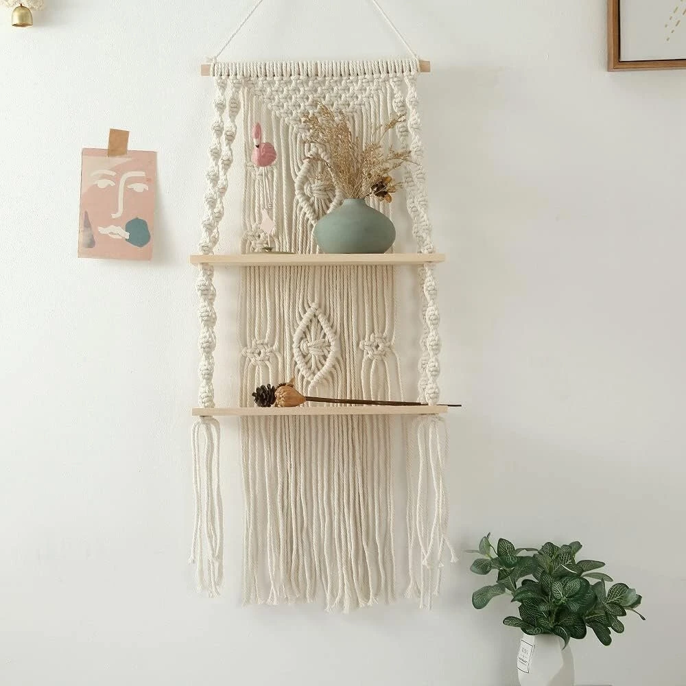Qeunrtiy rankų darbo kutai macrame sieninė lentyna, boho medvilninė virvė, austas gobelenas, augalų pakaba, plaukiojanti namų kambario dekoracija