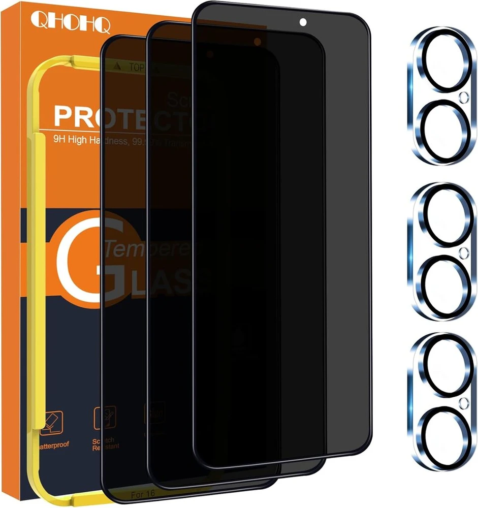 Qhohq grūdinto stiklo ekrano apsauga, skirta iphone 16 + kameros apsauginė plėvelė, karinis standartas, atsparus dūžiams, [visas ekranas], itin aukštos kokybės 9h+ stiklas, apsaugos nuo šnipinėjimo plėvelė, atsparus įbrėžimams, su montavimo įrankiu [3