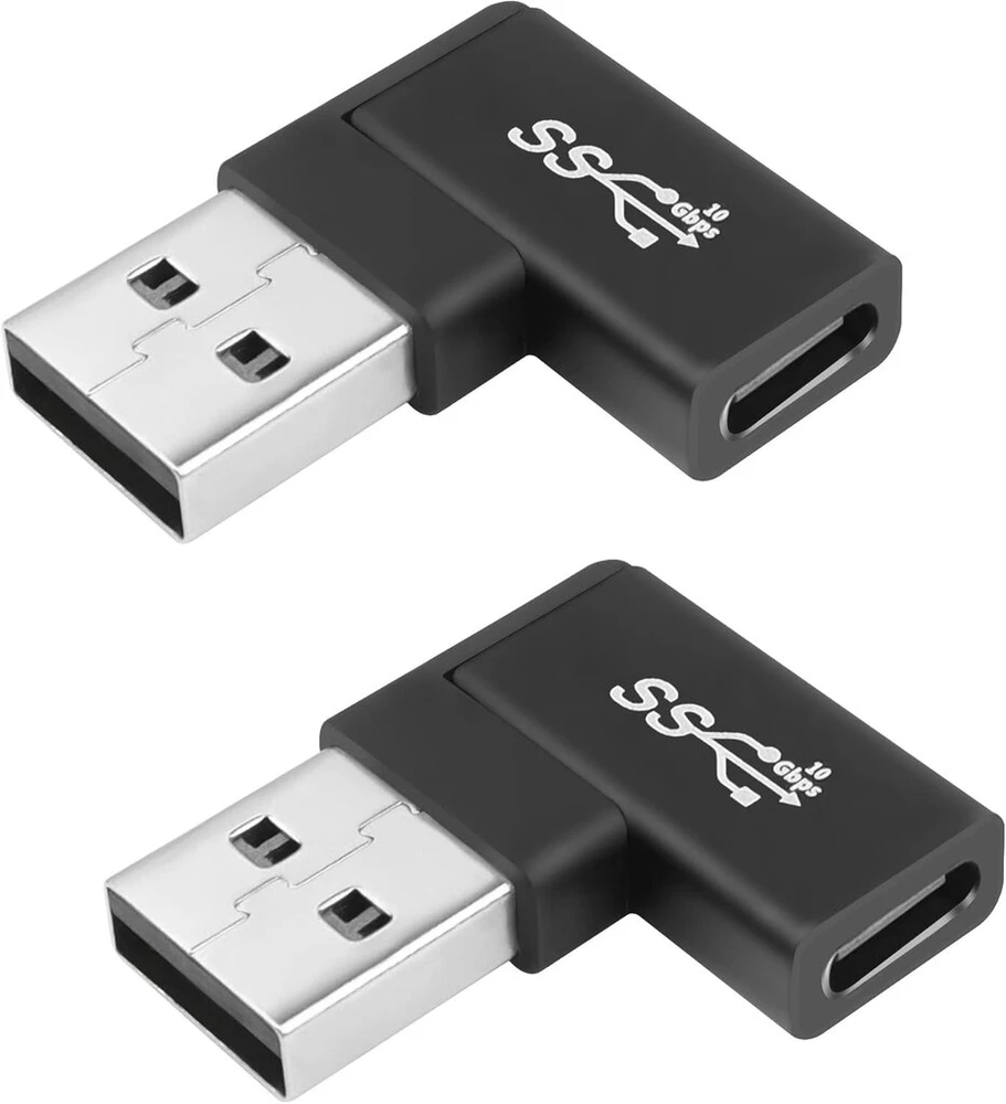 Qianrenon usb 3.1 į usb c 90° kampo adapteris 10 gbps usb a male į usb c female l formos kairiojo kampo jungties keitiklis, skirtas nešiojamojo kompiuterio planšetinio kompiuterio sieniniam įkrovikliui, 2 vienetai (kairiojo kampo šoninis lenkimas)
