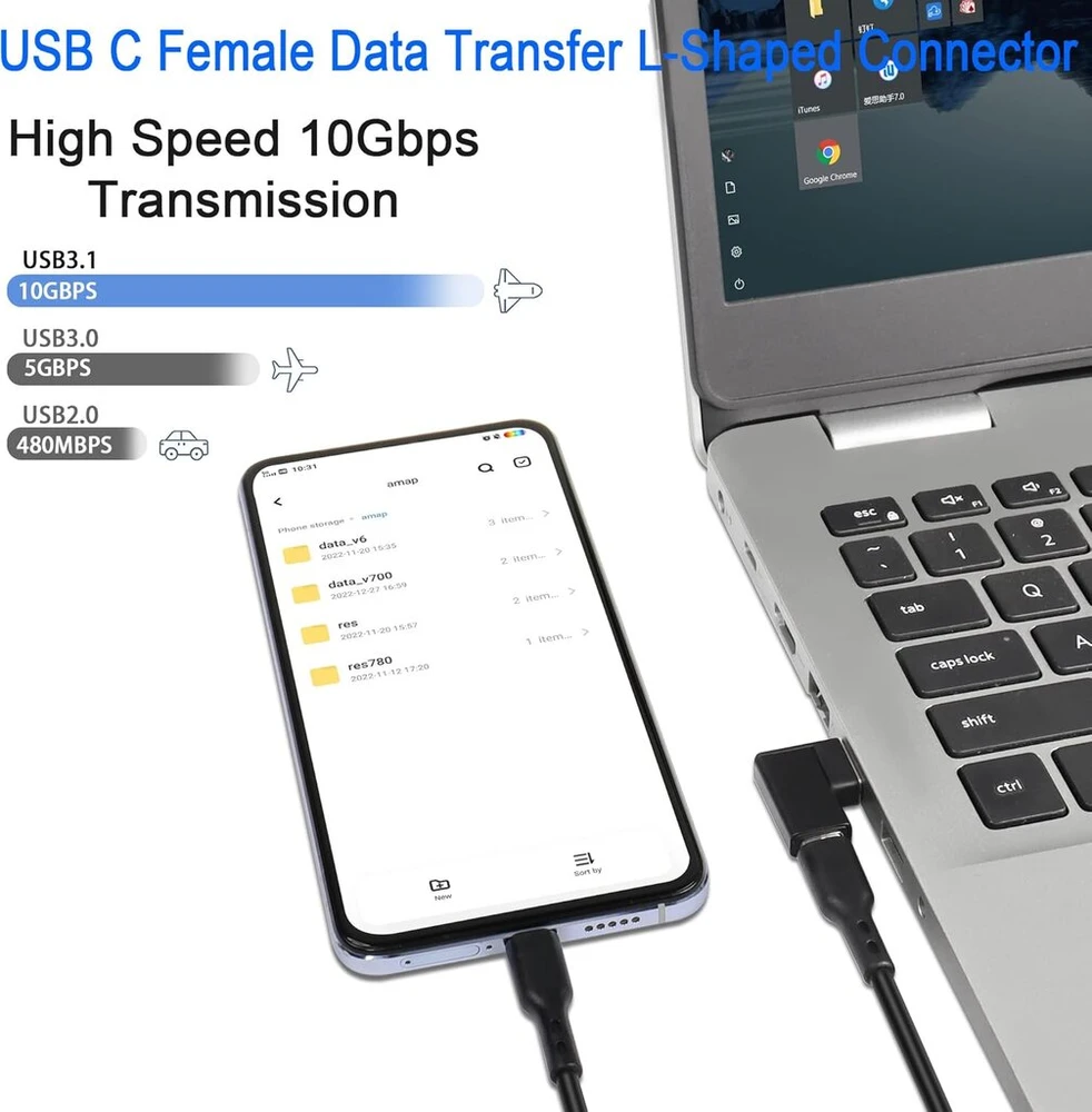 Qianrenon usb 3.1 į usb c 90° kampo adapteris 10 gbps usb a male į usb c female l formos kairiojo kampo jungties keitiklis, skirtas nešiojamojo kompiuterio planšetinio kompiuterio sieniniam įkrovikliui, 2 vienetai (kairiojo kampo šoninis lenkimas)
