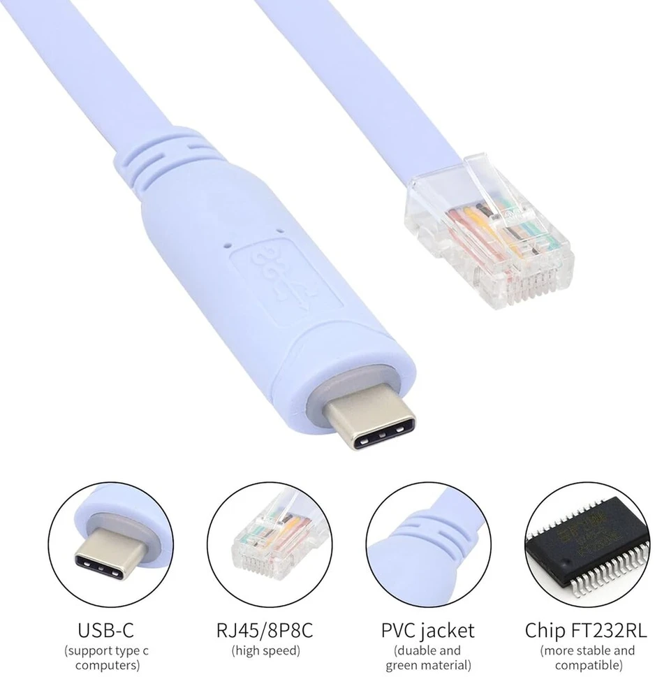 Qianrenon usb-c cisco konsolės kabelis, usb c į rj45 konsolės serijinį derinimo kabelį su ftdi lustu, usb type c į rj45 serijinį adapterio kabelį, suderinamas su maršrutizatoriumi, jungikliu, ugniasiene, ap (belaidžiu), 1,8 m