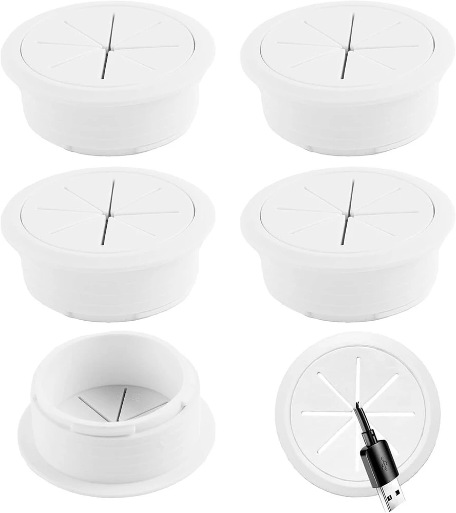 Qingyiwl 6 dalių kabelių įvorės stalui, 60 mm kabelių praėjimas baltas, plastikinės kabelių įvorės, kabelių angos dangtelis biurams, darbo vietoms (balta)