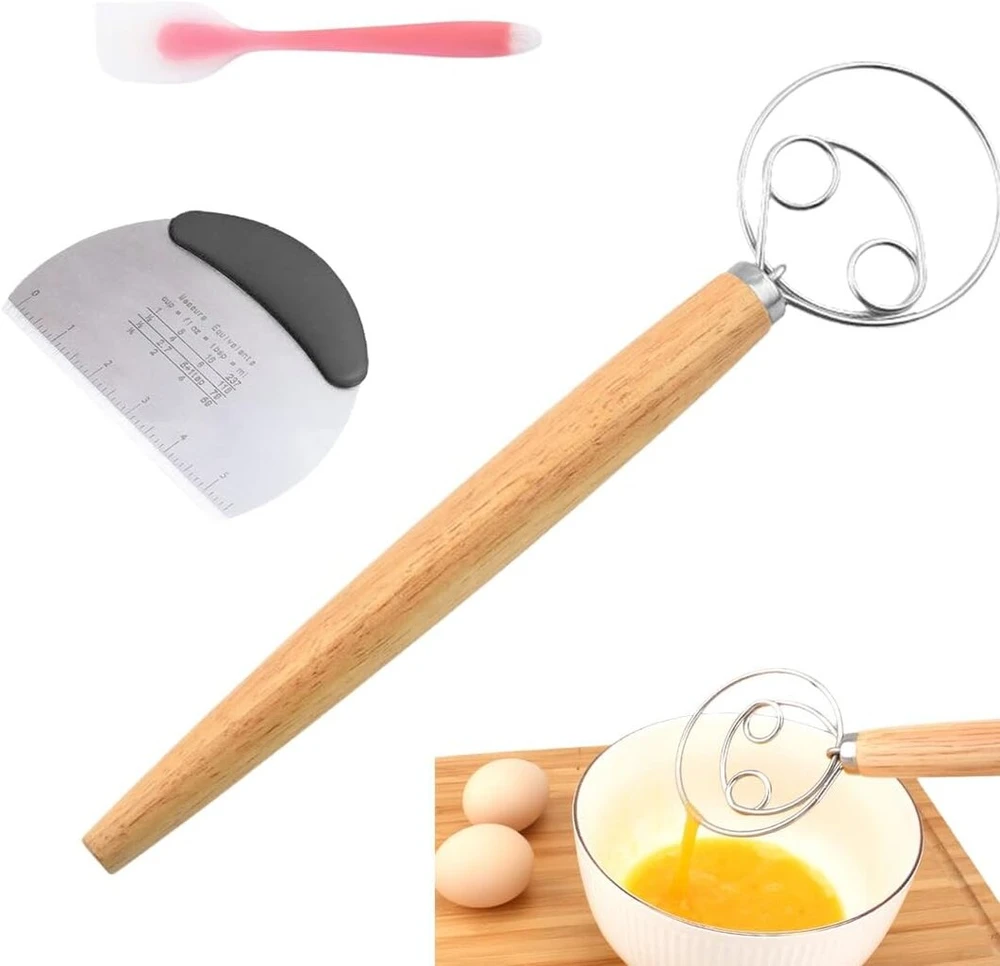 Qocuilc Daniškas tešlos šluotelės ir tešlos pjaustyklės rinkinys, 33 cm rankinis maišytuvas su medine rankena, aukštos kokybės duonos kepimo priedai, nerūdijančio plieno tešlos maišytuvas duonos ir pyrago gamybai