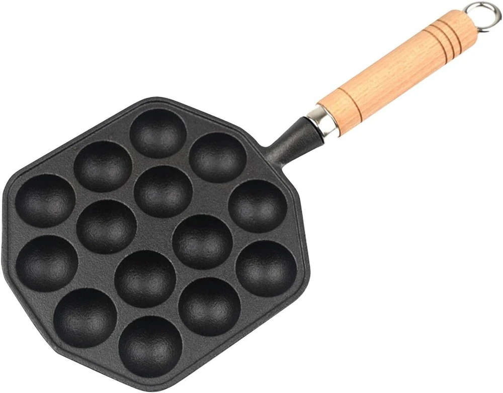 Sumuštinių keptuvas Qotsteos takoyaki keptuvė, lengvai valoma, 14 skylių, blynų takoyaki keptuvė be dangos, juodas ketus, 19 x 18 x 17 x 2.5 cm