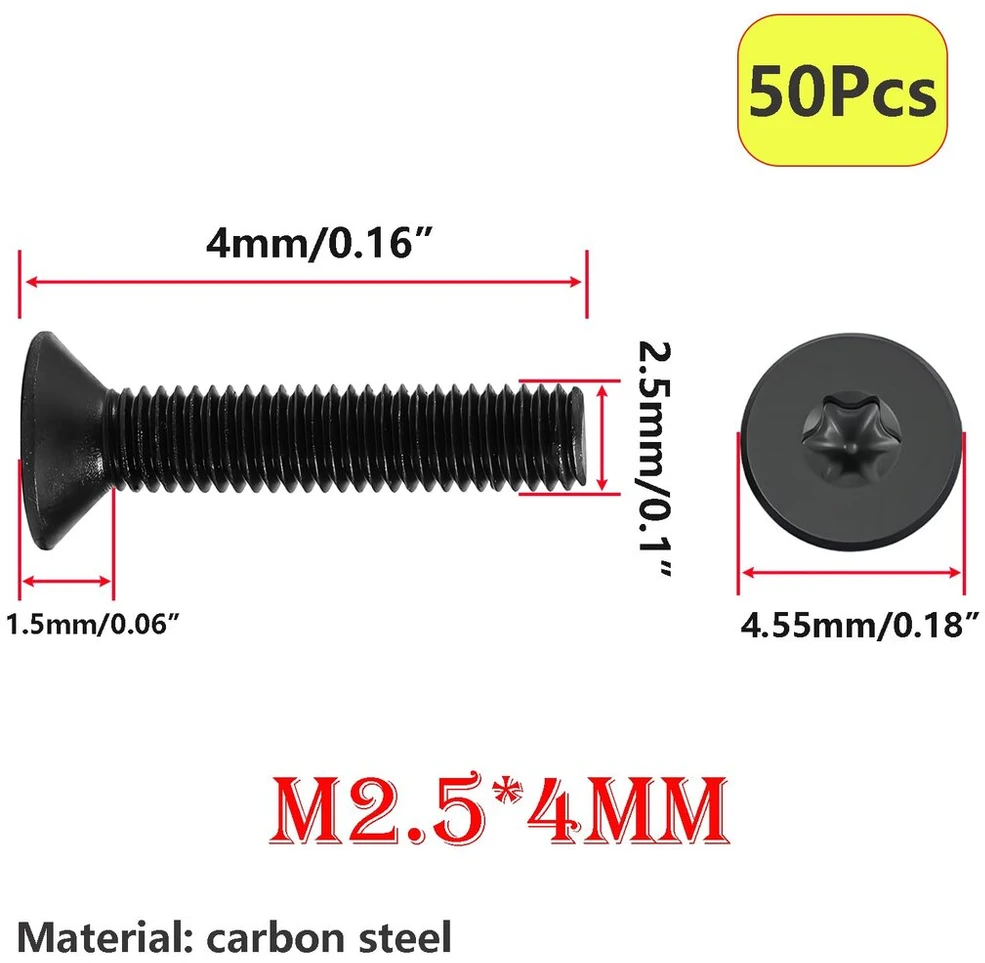 Qrity 50 vnt. įleidžiami varžtai su torx galvute, m2,5 x 4 mm mašininiai varžtai, anglinis plienas, sriegių varžtai, juodi