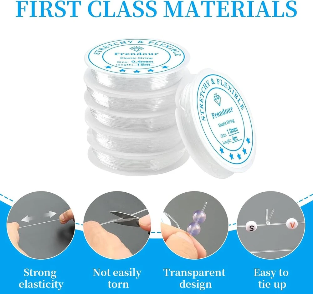 Qttrpcu 12 elastinės juostelės ritė apyrankėms, elastinė juostelė apyrankėms, atspari plyšimui, 1,0 mm, 0,8 mm, 0,7 mm, 0,6 mm, 0,5 mm, 0,4 mm elastinis juvelyrinis siūlas