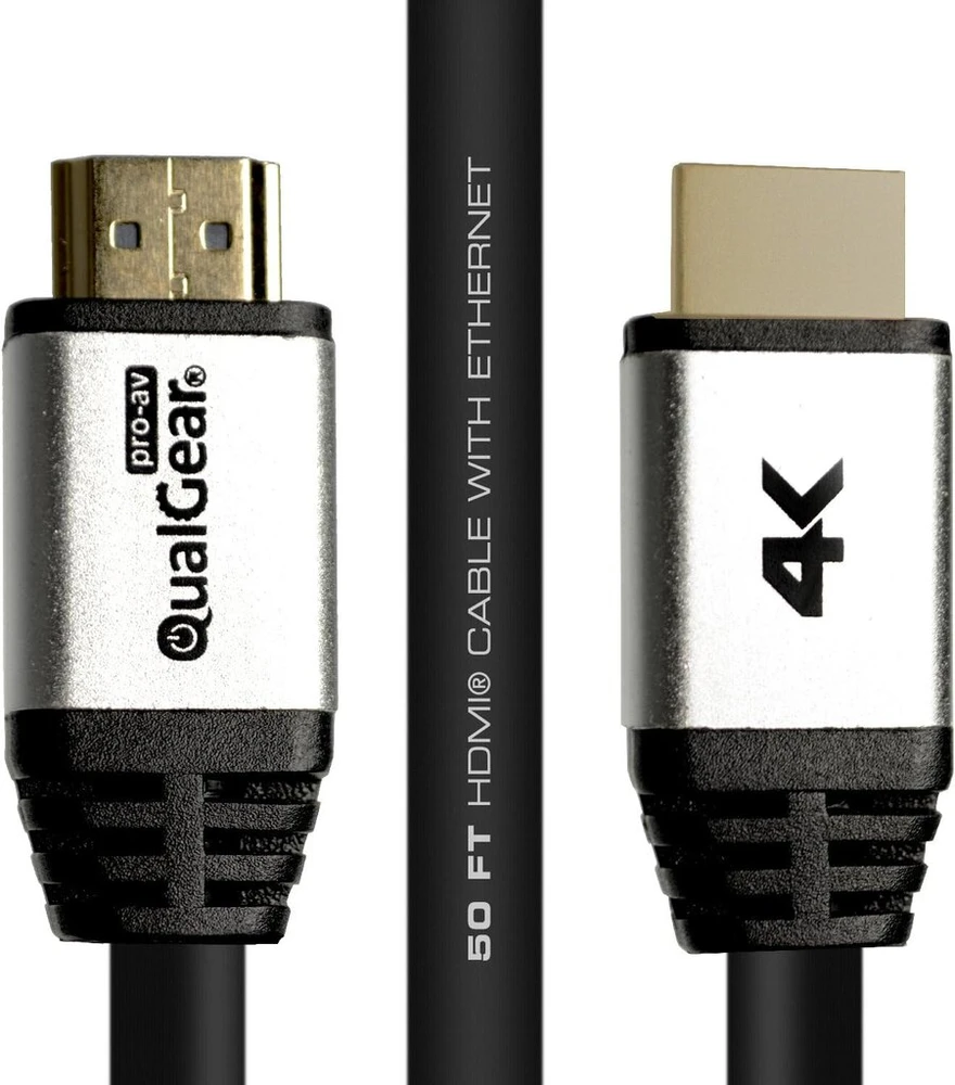 Qualgear didelės spartos ilgas Hdmi 2.0 kabelis su Ethernet (15,24 m) - 100% Ofc varis, 24 Awg, paauksuoti 24k kontaktai, Cl3 įvertinimas, trigubai ekranuotas. Palaiko 4k Uhd, 3d, 18 Gbps, Arc (qg-cbl-hd20-50ft)