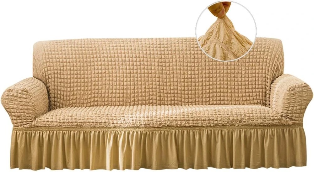 Qubjus tampri sofa užvalkalas, sofos uždangalai, skalbiamas baldų apsauga, sofos lovos užvalkalas su elastiniu pagrindu ir sijonu vaikams, naminiams gyvūnams (smėlio spalvos, didelis)