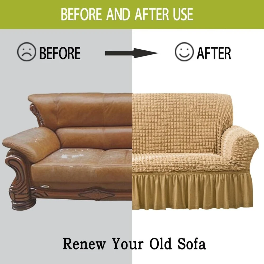 Qubjus tampri sofa užvalkalas, sofos uždangalai, skalbiamas baldų apsauga, sofos lovos užvalkalas su elastiniu pagrindu ir sijonu vaikams, naminiams gyvūnams (smėlio spalvos, didelis)