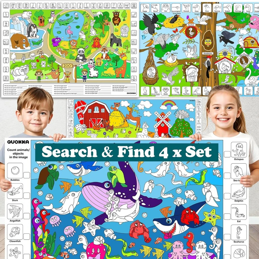 Quokka didelė spalvinimo staltiesė vaikams - 4 dideli spalvinimo plakatai xxl rankdarbiams nuo 4 metų - 103 x 72 cm spalvinimo kilimėlis vaikams - plakatų ūkis paukščiai jūra zoologijos sodas - edukaciniai žaidimai nuo 2 3 metų