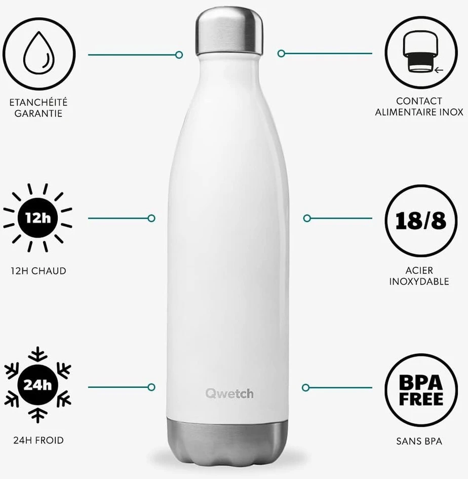 Qwetch - balta 750 ml termosas - šaltai 24 valandas ir šiltai 12 valandų - nepralaidus vandeniui, be Bpa ir daugkartinio naudojimo