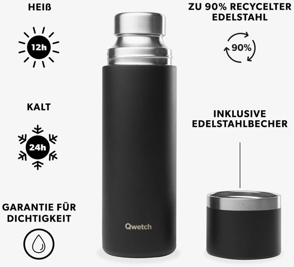 Qwetch termosas nerūdijančio plieno 750 ml juodas - izoliuota kolba ir termosas su perdirbto nerūdijančio plieno puodeliu - 24 valandos šaltai ir 12 valandų karštai - nepralaidus, be bpa ir puikiai tinka kavai