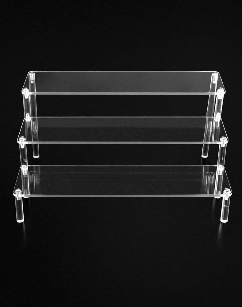 Qwork® 3 pakopų akrilinis stovas, pagamintas iš 4 mm storio akrilo plokštės - 30 x 21 x 15 cm - skaidri akrilinė pakyla figūrėlėms, papuošalams, keksiukams, lūpų dažams, nagų lakui, prieskoniams