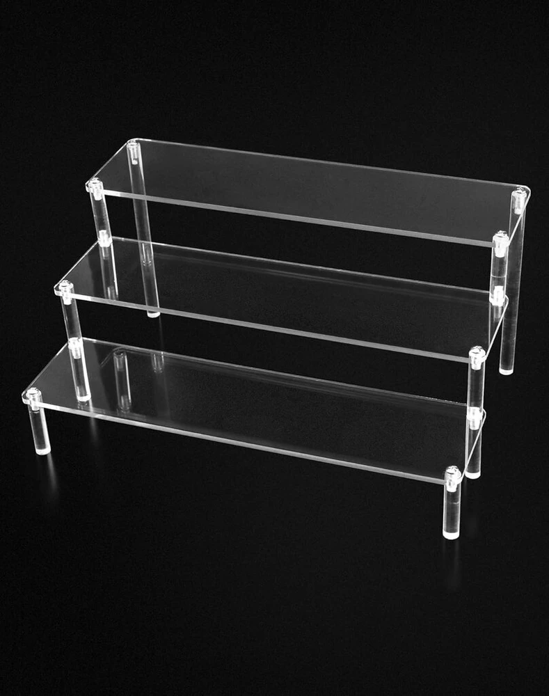 Qwork® 3 pakopų akrilinis stovas, pagamintas iš 4 mm storio akrilo plokštės - 30 x 21 x 15 cm - skaidri akrilinė pakyla figūrėlėms, papuošalams, keksiukams, lūpų dažams, nagų lakui, prieskoniams