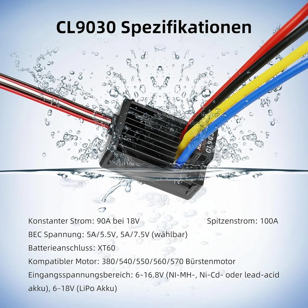 Radiolink Cool 9030 Esc 90a brushed (2-4s) vandeniui atsparus integruotas Bec 5a pasirenkamas 5.5v/7.5v elektroninis greičio reguliatorius Rc sunkvežimiams, vikšriniams automobiliams, tankams, masalų valtims (xt60 kištukas, juodas)