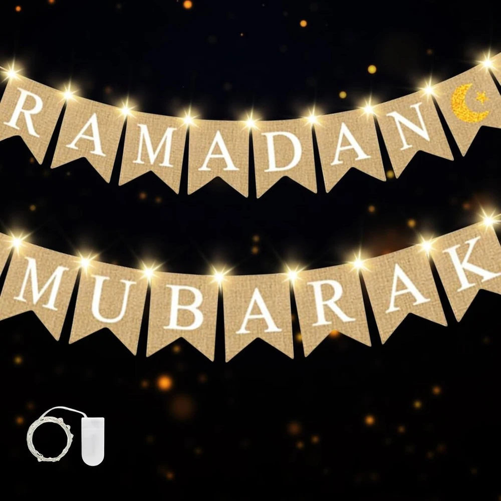 Ramadano dekoracija, kareem banner'is, eid mubarak banner'is, eid dekoratyvinis hesianas banner'is su 3 metrų led lempučių girlianda, ramadano musulmonų banner'is, ramadano vėliavėlės, eid mubarak vakarėlio dekoracija ramadanui