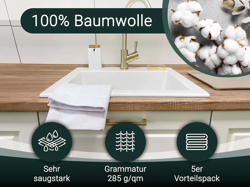 Rankšluostis Zollner Arbatinių rankšluosčių rinkinys iš 5 vnt. – medvilniniai, 50 x 70 cm – gerai sugeriantys ir patvarūs virtuviniai rankšluosčiai – vaflių pikė su languotu raštu – galima skalbti iki 60 °c – balti – Oeko Tex® sertifikuoti