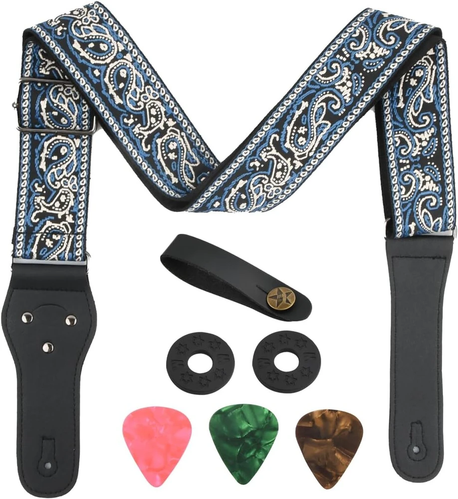 Rapidbok gitaros dirželis, 5 cm pločio, reguliuojamo ilgio, medvilninis gitaros dirželis su natūralios odos galais, gitaros dirželis su 1 dirželio sagomis, 2 dirželio užraktais, 3 plektrais gitarai, akustinei gitarai ir bosinei gitarai, juodas