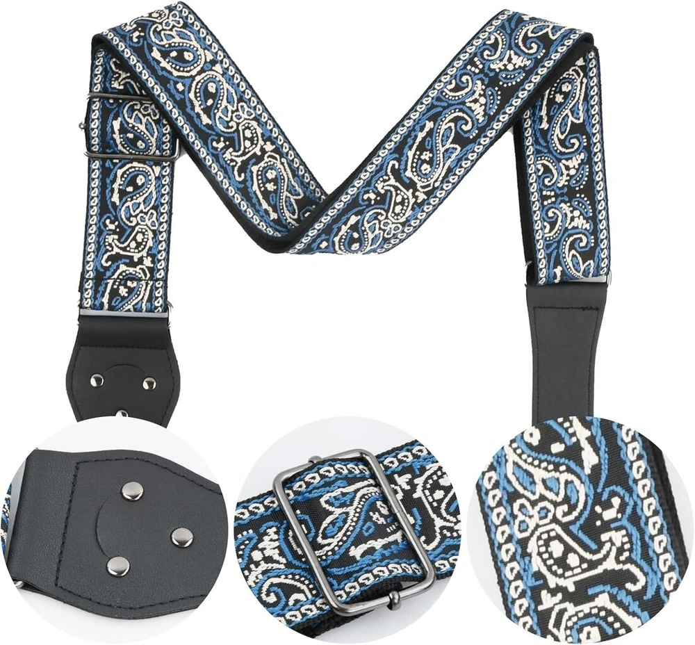 Rapidbok gitaros dirželis, 5 cm pločio, reguliuojamo ilgio, medvilninis gitaros dirželis su natūralios odos galais, gitaros dirželis su 1 dirželio sagomis, 2 dirželio užraktais, 3 plektrais gitarai, akustinei gitarai ir bosinei gitarai, juodas