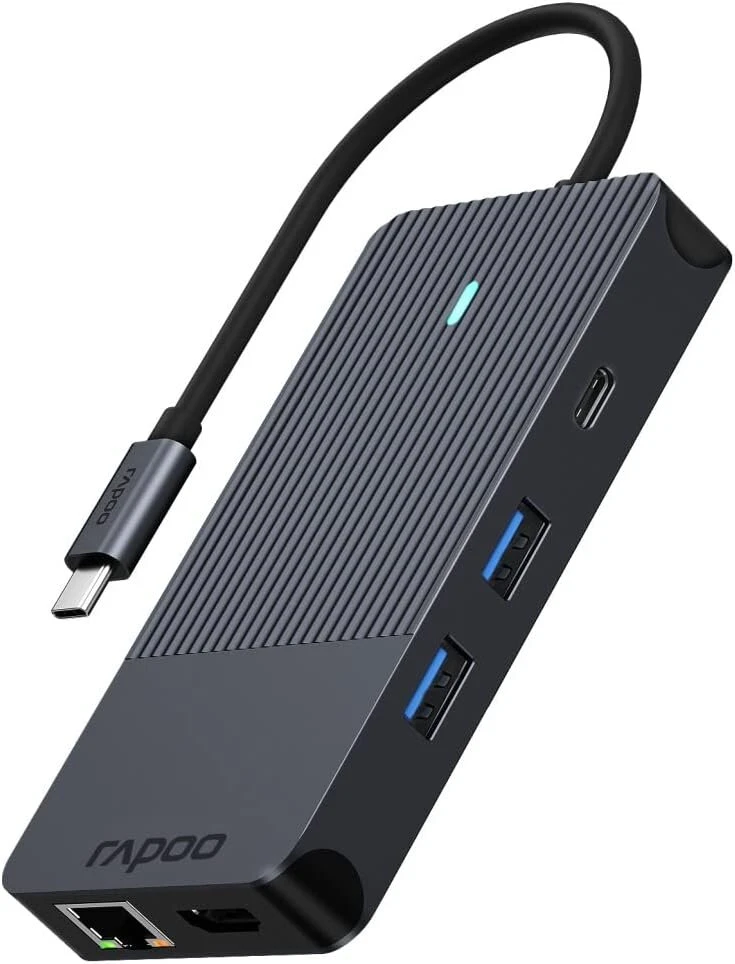 Rapoo Ucm-2005 Usb-c multiport adapteris 10-in-1, 100w Power Delivery, 2x 4k Hdmi, 1gbps Lan, 1 Usb-c ir 2 Usb-a 3.0 duomenų prievadai, Micro Sd/sd atminties kortelių skaitytuvas, Aux