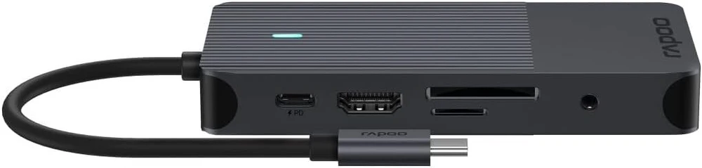Rapoo Ucm-2005 Usb-c multiport adapteris 10-in-1, 100w Power Delivery, 2x 4k Hdmi, 1gbps Lan, 1 Usb-c ir 2 Usb-a 3.0 duomenų prievadai, Micro Sd/sd atminties kortelių skaitytuvas, Aux