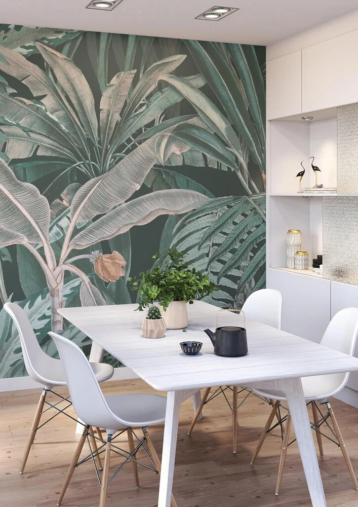 Rasch fototapetas 590111 – flizelininis fototapetas su palmėmis ir bananų lapais žalios, pilkos ir rudos spalvos iš kolekcijos „magicwalls“ – 3,00 m x 2,50 m (ilgis x plotis)