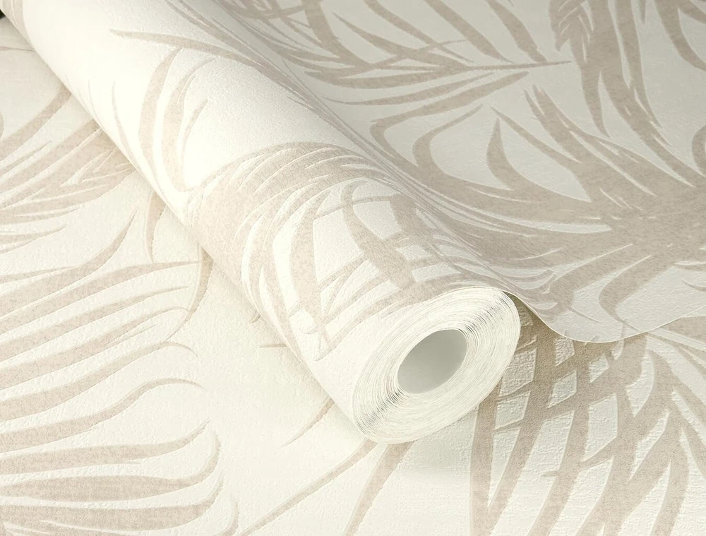 Rasch tapetai 314007 - šviesūs neaustiniai tapetai kreminės baltos spalvos su dideliais palmių lapais smėlio spalvos iš kolekcijos „deco Style“