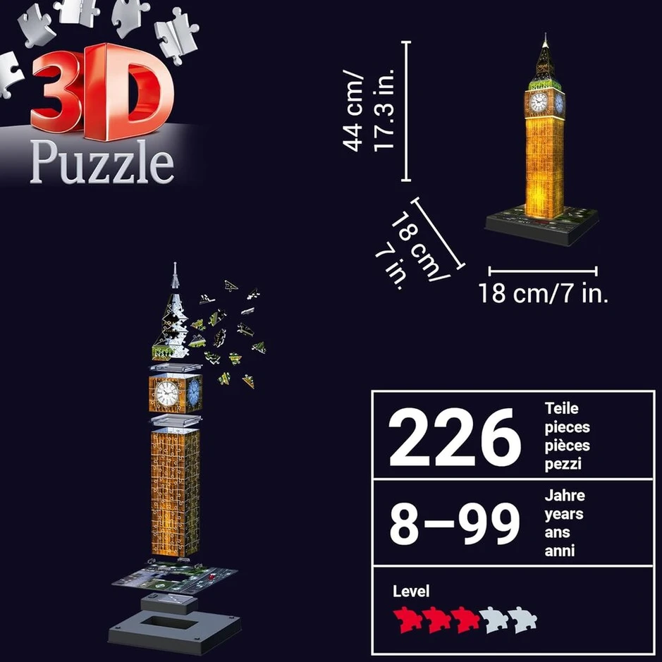 Ravensburger 3d Big Ben naktį dėlionė, 12588 / 3d dėlionė su gražiu naktiniu dizainu, su led apšvietimu / Tinka nuo 10 metų, 216 detalių